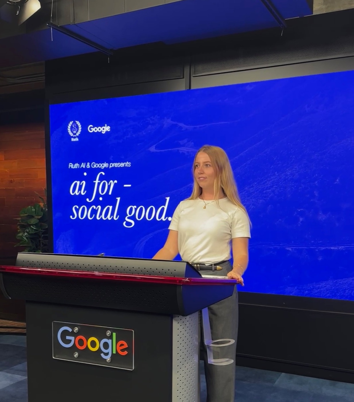 Isabella presenting at the Ruth AI and Google DeepMind AI for Social Good hackathon